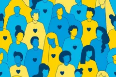 Намальовані блакитно-жовті силуети людей і серця на грудях 