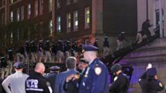 抗議者が占拠する建物にはしごを使って突入する警察