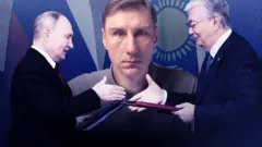 Владимир Путин и президент Казахстана Касым-Жомарт Токаев пожимают руки.