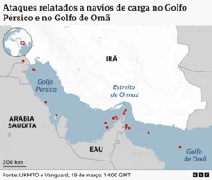 Mapa que demonstra os ataques relatados a navios de carga no Golfo Pérsico e no Golfo de Omã