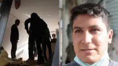 Dos fotos, una donde se ven rescatistas, la otra, la cara del primo de Carlos Eduardo con una mascarilla quitada, alrededor del cuello.