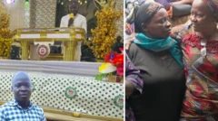Di deceased inside coffin and foto of im wife as dem dey put di coffin inside grave to burry.