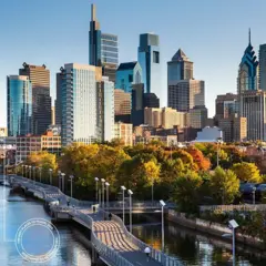 Ponte no rio e edifícios na Filadélfia (EUA)