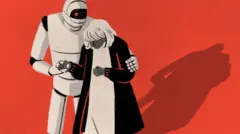 一張機器人的素描圖，它的手臂摟著一個人。