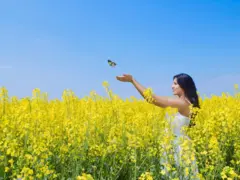 नीले आसमान के नीचे सरसों के खेत में एक युवती