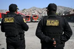 Dos policías peruanos, vistos de espaldas.