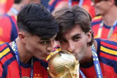 Pedri of Spain and Ferran Torres of Spain celebrate with the FIFA World Cup trophy after the FIFA World Cup 2026 Final match between Spain and Argentina at New York New Jersey Stadium on July 19, 2026 in East Rutherford, New Jersey. (Photo by Alex Livesey - Danehouse/Getty Images)
