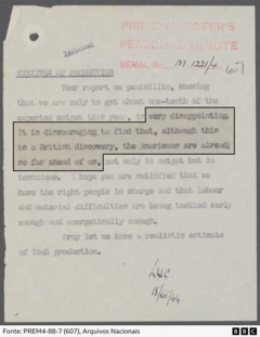 Nota datilografada de Churchill ao ministro da produção sobre a falta de penicilina no Reino Unido em comparação com os EUA