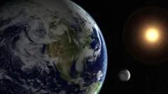 Ilustração do planeta Terra, da Lua e do Sol