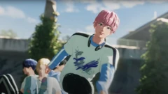 Plave音樂錄像中的一幕：一名成員是虛擬角色，粉紅頭髮，身穿寬鬆T恤。