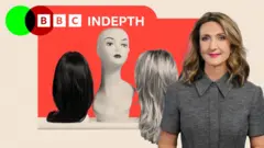 A mannequin head sits on a shelf surrounded by two wigs.