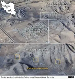A imagem mostra o complexo nuclear de Isfahan, com anotações adicionadas pela BBC para indicar as entradas de túneis
