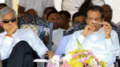 Sri Lankan president Maithripala Sirisena and Prime Minister Ranil Wickremesinghe (L) are seen during the 25th commemoration of the death anniversary of late Sri Lankan President Ranasinghe Premadasa at Colombo, Sri Lanka on Tuesday 1 May 2018