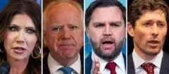Imagen compuesta de fotos de la secretaria de Seguridad Nacional Kristi Noem, el gobernador de Minesota Tim Walz, el vicepresidente de EE.UU. J.D. Vance y el alcalde de Mineápolis Jacob Frey.