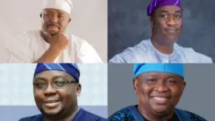 Sharadeen Alli wọn agbada funfun, Obafemi Hamzat wọ agbada buluu pẹlu fila, Adebayo Adelabu ati Sẹnẹtọ Solomon Adeola Yayi naa wọ agbada buluu