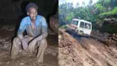 ሀብታሙ ጭቃ ውስጥ ቁጭ ብሎ እና ጭቃ ውስጥ የገባውን አምቡላንስ የሚያሳዩ ፎቶዎች