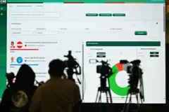 Periodistas viendo los datos de los escrutinios en una pantalla.