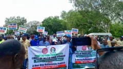 Protesters carry placard for Kano