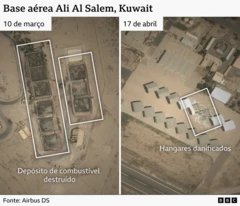 Imagem de satélite mostra danos na base aérea Ali Al Salem, no Kuwait. À esquerda, aparecem depósitos de combustível destruídos; à direita, hangares danificados