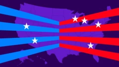 Stylised map of the US with red and blue stripes and white stars on it