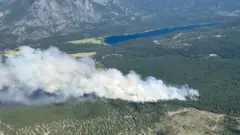 Una vista aérea de una columna de humo de un incendio forestal cerca del río Lussier, en Columbia Británica.