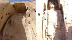 دو تصویر بازسازی با نورپردازی و تصویری از بودای تخریب شده