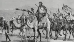 رسم يعود لفبراير من عام 1884 يصور المهدي على رأس قواته بالقرب من سواكن حيث كان يقع مقر القوات الأنجلو-مصرية