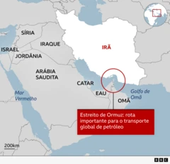 Mapa da BBC mostra o Estreito de Ormuz, no litoral sul do Irã. Os países vizinhos estão marcados em cinza: Israel, Síria, Iraque, Jordânia, Arábia Saudita, Catar, Emirados Árabes Unidos e Omã.