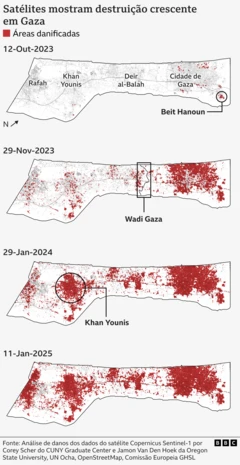 Uma série de mapas de Gaza mostrando os danos ao território desde o início da guerra entre o Hamas e Israel em outubro de 2023