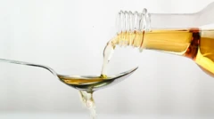 Vinaigre versé d'une bouteille sur une cuillère.