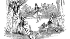 Um desenho de uma família armênia reunida. Um homem parece estar dançando no meio de um grupo de pessoas, enquanto alguns observam de dentro de uma tenda