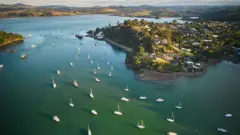 Vários barcos no mar e casas ao fundo em uma ilha
