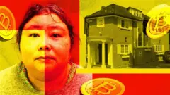 Montagem com uma foto da chinesa ao lado da casa onde ela morava em Londres