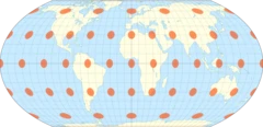 El mundo en una proyección Equal Earth, con una cuadrícula de 10° y las indicatrices de Tissot superpuestas.