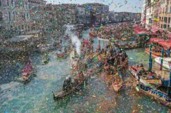 Explosão de confetes no Carnaval de Veneza, na Itália