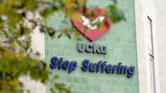 ‘고통을 멈추세요’라는 문구와 함께 적힌 UCKG 로고