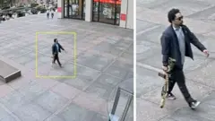 Side-by-side screengrabs from security footage show the suspect in the New York office building shooting walking across a paved area, carrying a rifle and wearing sunglasses