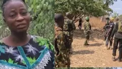 Abilekọ Alamu, ọga ile ẹkọ ti wọn ji gbe l'Ahoro Esinele ree lapa osi, nigba tawọn ologun wa lapa ọtun ninu aworan yii