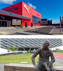 Imagen compuesta de la fábrica de Puma arriba, con uno de los edificios de color rojo vivo y el puma saltando de su marca en el frente, así como en otro edificio gris en el fondo. Abajo, una escultura que representa al fundador de Adidas, Adolf Dassler, frente a la sede de la empresa que se ve al fondo.