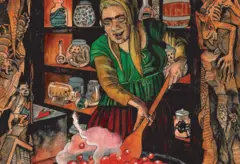 Ilustração mostra mulher com aspecto de bruxa fazendo algo no caldeirão