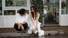 Una pareja acurrucada frente a la Oficina de Asuntos Civiles en la provincia de Guangzhou, China, posa para una foto. El hombre tiene viste una camisa blanca y un pantalón oscuro, la mujer porta un vestido blanco y tiene un ramo de rosas en la mano 
