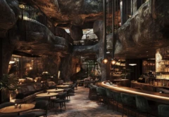 Espaço para alimentação com mesas, cadeiras e um bar com paredes de rochas.