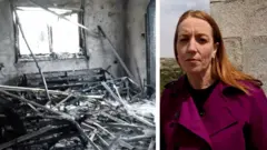 焼け落ちた住宅内部の写真と、BBCのヨランド・ネル中東特派員の写真が並んでいる