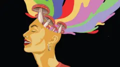 Ilustrasi manusia dengan isi kepala banyak jamur dalam gambar vektor.