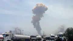 دود پس از انفجار مهیبی که در بندر شهید رجایی در ۶ آوریل ۲۰۲۵ رخ داد، بلند شد. 