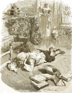 Ilustração de Pascal deitado no chão, com livros ao lado, realizando cálculos diretamente sobre o piso