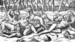 Un grabado de una escena de varios perros atacando a personas frente al conquistador español Vasco Núñes de Balboa y otros de sus encomendados