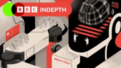 An illustration showing a worker with a Chinese flag on their chest operating a robot with the words "Made in China" on its front. Small human figures under a US flag are inside the robot's "brain"