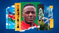 Un graphique coloré montre un drapeau kényan flottant sur un mât, Victor Wanyama de profil et jouant pour le Celtic, ainsi que deux drapeaux écossais flottant.