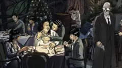 Una ilustración en la que se ve a varias familias festejando en el restaurante mientras el asesino está parado, vestido de corbata y gabán negro, con un revólver en la mano.